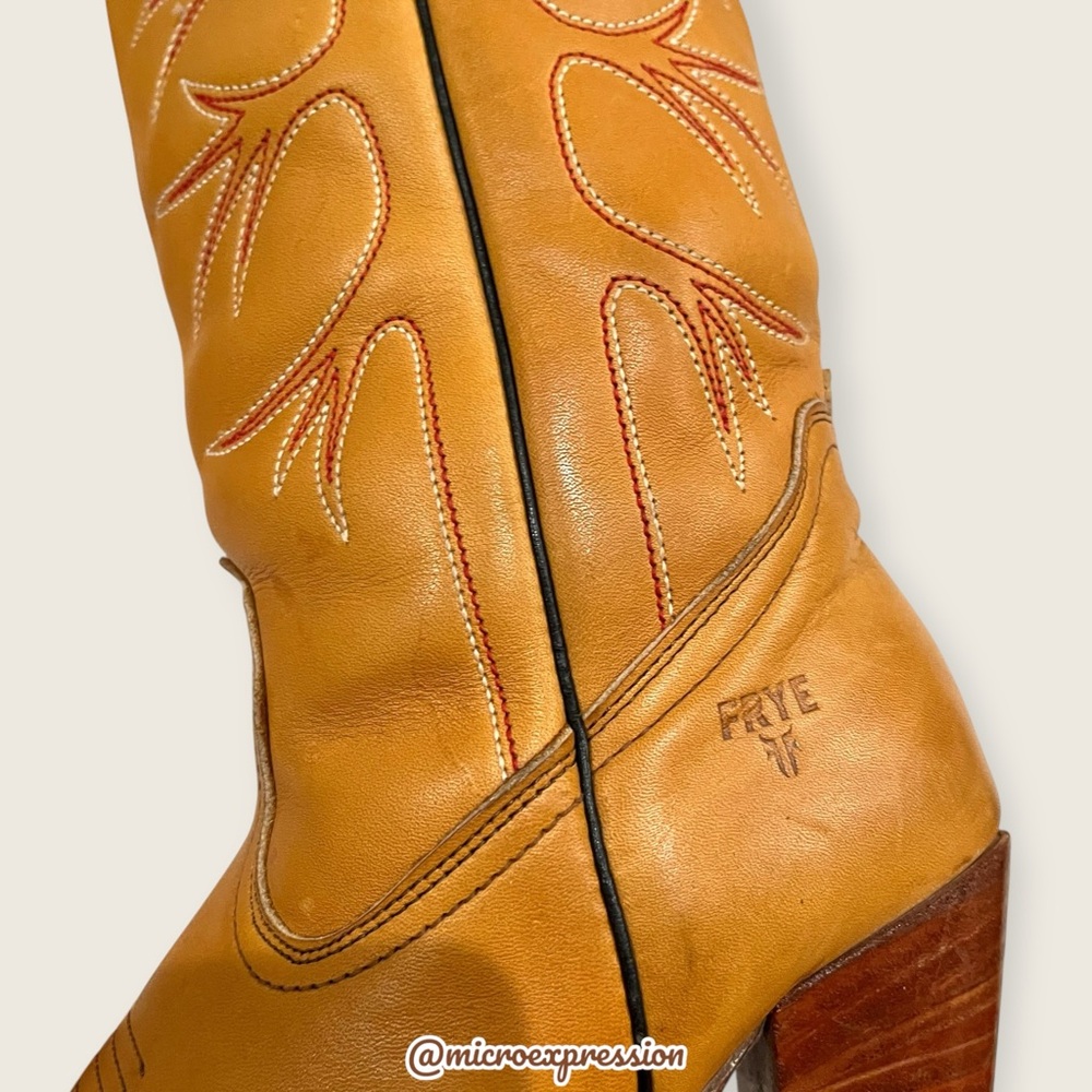 1980s VINTAGE Frye Fire/Flame Banana Yellow Tan Embroidered Cowboy Western Boot - Picture 11 of 13